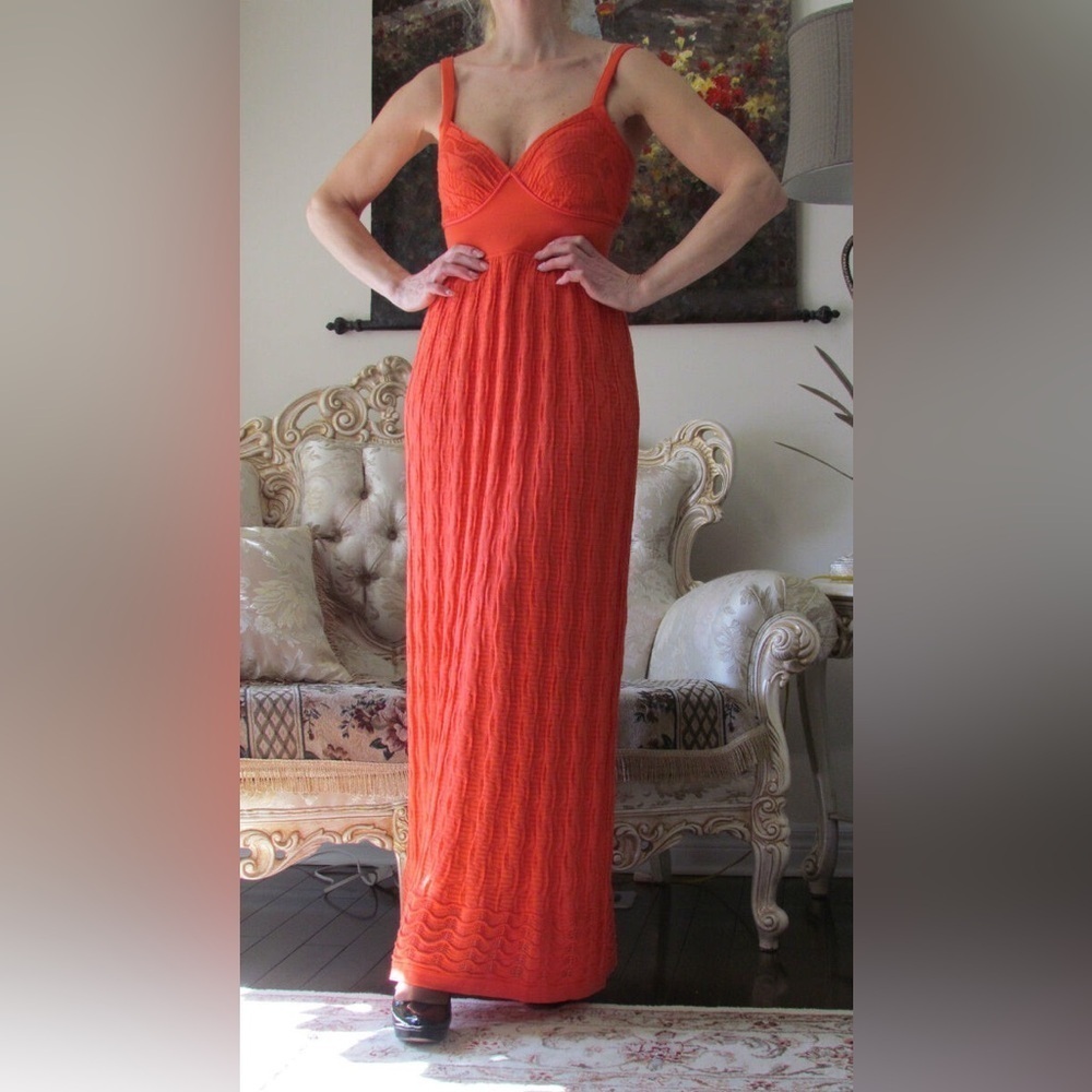 801 MISSONI Runway Knitted/Crochet Coral Lined Long Dress Size US 8 Color Orange - Picture 2 of 11
